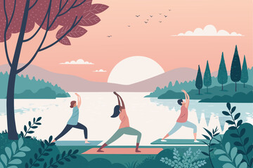 Vector campers in yoga poses by a tranquil lake reflecting sunrise. Campfire, tent, mountains, trees, nature, calm.