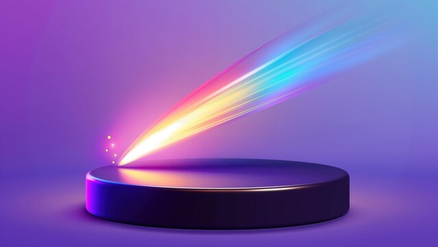 Empty purple stage or podium with a colorful light beam and glowing particles. Product display showcase. Abstract futuristic background.