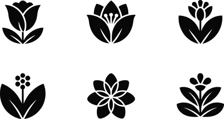 Six stylized floral icons; minimalist black silhouettes; elegant botanical design; spring, summer, nature theme.