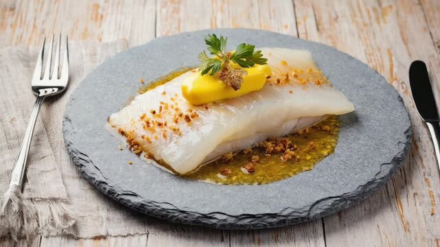 Lutfisk, Nordic dish, Lutfisk served with melted butter and breadcrumbs, Pale, translucent hues, Gentle kitchen light, Mild and savory vibe
