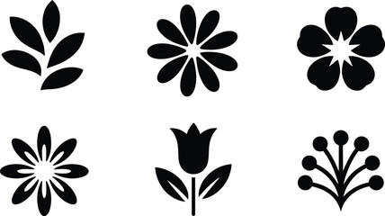 Six Simple Black Floral Icons: Minimalist Botanical Vector Graphics