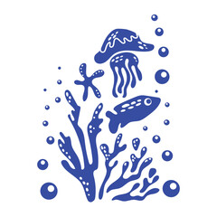 Underwater world. Blue silhouettes of sea inhabitants and algae with bubbles under water in simple style. Monochrome picture stamp with sea fish and jellyfish. Vector for stickers, textiles, postcards