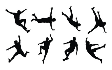 A set of black silhouettes of people performing various dynamic athletic movement