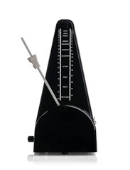 Classic black mechanical metronome with detailed tempo scale. Transparent PNG background. Essential...