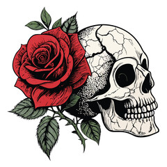 A gothic rose blooms triumphantly from a shattered skull.