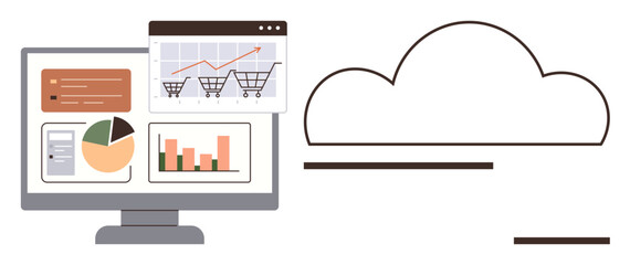 Computer monitor displays charts, graphs, and shopping carts illustrating e-commerce and analytics trends. Cloud shape suggests storage and online connectivity. Ideal for technology, e-commerce