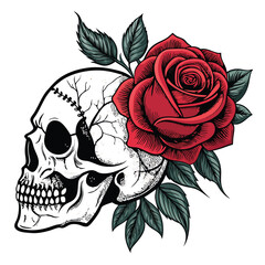 Gothic rose blooms dramatically from a cracked skull. Dark and beautiful.