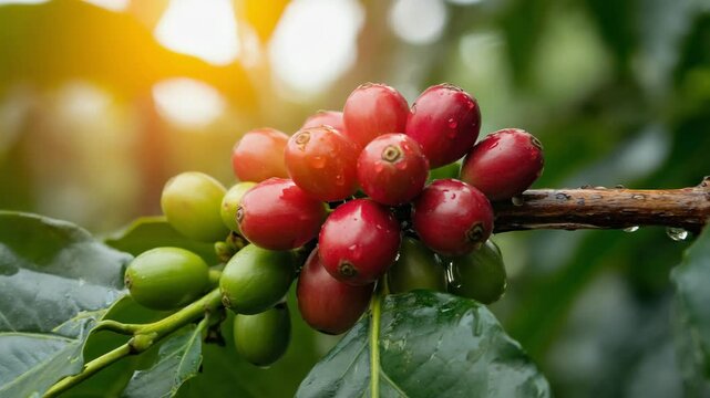 closeup ripe coffee cherries on branches in warm morning sunlight