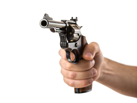 Hand holding a dark wood grip revolver aiming forward isolated on a transparent background handgun firearm