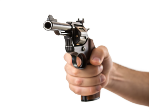 Hand holding a dark wood grip revolver aiming forward isolated on a transparent background handgun firearm