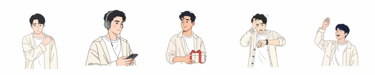 vector of young man with casual white outer various expressions