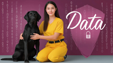 Woman in yellow outfit with black dog against digital background with word data and padlock symbol