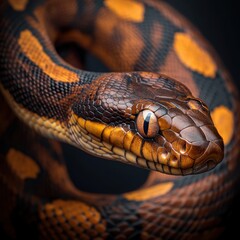 Fototapeta premium A close-up of a vibrantly colored snake with orange and black markings, coiled and staring directly at the camera.