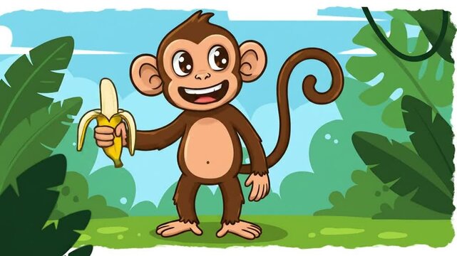 A colorful cartoon monkey standing upright while holding a banana with big expressive eyes and playful style