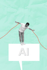 Composite zine pop trend collage of shocked man academic stand ai bubble rope manipulation cyber...