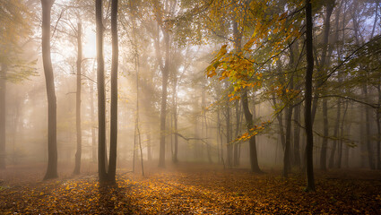 Obraz premium Photo of sunlight streams through a dense autumn forest where the trees are draped in a soft fog, creating an ethereal and peaceful atmosphere