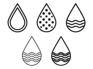 Five stylized water drops with different interior patterns liquid symbol