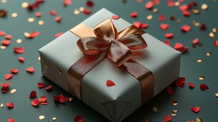 A gift box with a rose gold ribbon
