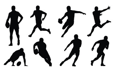 A set of black silhouettes of rugby players in various dynamic poses against a white background