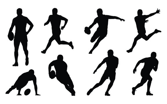 A set of black silhouettes of rugby players in various dynamic poses against a white background