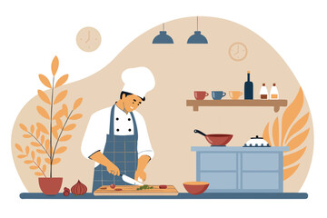 Vector chef cooking in open minimalist kitchen. Flat design, utensils, food prep, cooking, restaurant. Kitchenware.