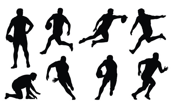 A set of black silhouettes of rugby players in various dynamic poses against a white background - Powered by Adobe