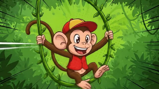 A cartoon monkey wearing a small red vest and cap leaps from a jungle vine with oversized ears and bright toothy smile