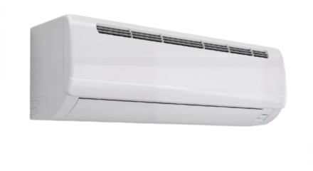 Modern Wall-Mounted AC Unit with Minimalist Design Against White Background, Symbolizing Efficiency, Comfort, and Contemporary Climate Control