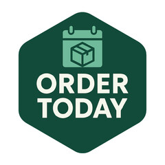 A green badge with a calendar and package icon that says 'order today'. Modern flat vector sticker label with icon and badge style, transparent background