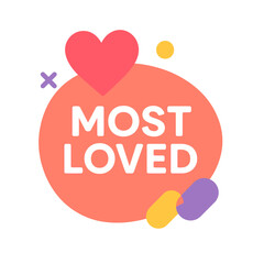 The 'most loved' sticker features a heart and an attractive design, perfect for promotion. Modern flat vector sticker label with icon and badge style, transparent background