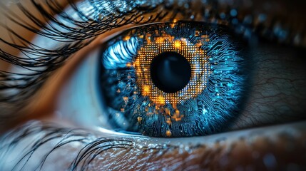 Close-up eye, circuit board graphic