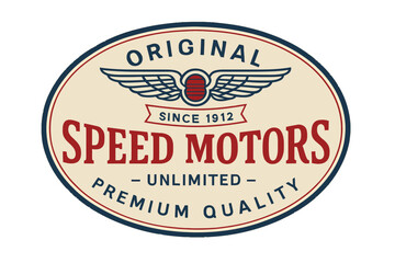 Obraz premium The Speed Motors logo is a vintage design with wings, established in 1912. Modern flat vector sticker label with icon and badge style, transparent background