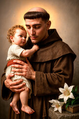 Saint Anthony of Padua holding baby Jesus statue with lily flower