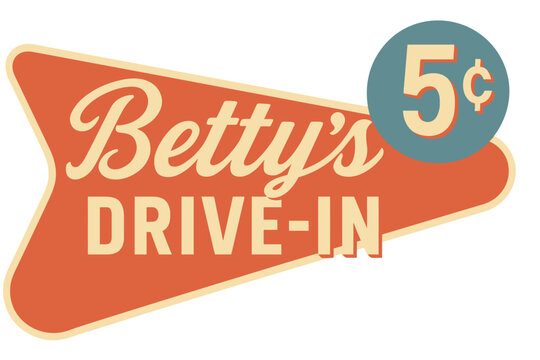 A vintage sign for Betty's Drive-In, showcasing classic diner imagery and design. Modern flat vector sticker label with icon and badge style, transparent background