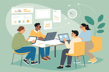 Vector illustration of content marketing team writers, bloggers creating articles, SEO, strategy, promotion, research, analytics.