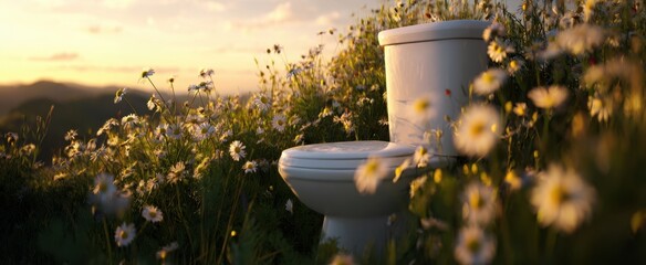 The unexpected toilet surrounded by blooming wildflowers at sunset.