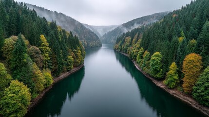 Fototapeta premium Serene morning mist over a tranquil lake surrounded by lush forest and majestic mountains nature photography peaceful landscape high-resolution view