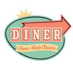 A retro diner sign with a welcoming arrow, inviting you to enjoy delicious, home-made classics. Modern flat vector sticker label with icon and badge style, transparent background
