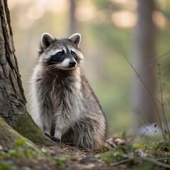 Obraz premium Young raccoon sitting near tree trunk in forest setting