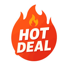 This eye-catching graphic highlights a hot deal with a fiery flame design, ideal for sales and promotions. Modern flat vector sticker label with icon and badge style, transparent background