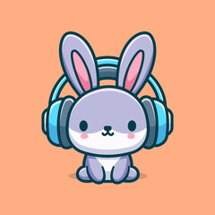 Cute Rabbit With Headset Cartoon Vector Art, Illustration and Graphic