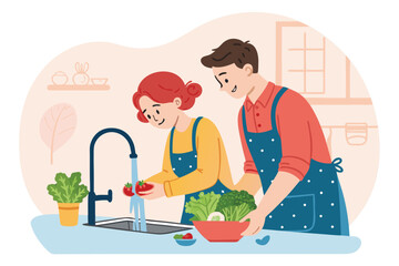 Vector illustration of a happy couple washing fresh vegetables together, prepping for a meal.