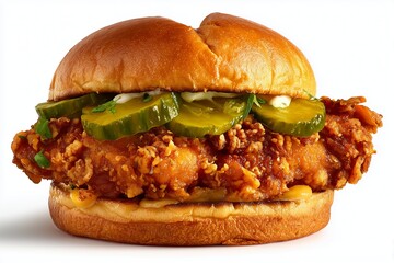 Crispy chicken sandwich topped with pickles served on a soft bun against a clean white background showcasing a delightful meal option for any time of day