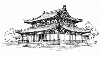 Japanese Temple Ink Sketch Black And White Drawing