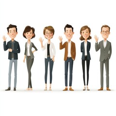 Obraz premium A group of six professionally dressed cartoon people stand together, smiling and waving.