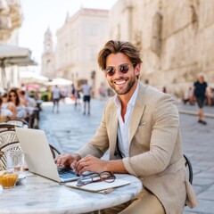 A stylish man works on his laptop at an outdoor cafe, enjoying a sunny day in a European city.