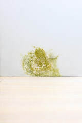 Vertical photo of green mold fungus growing in wardrobe. Dampness problem concept in house.
