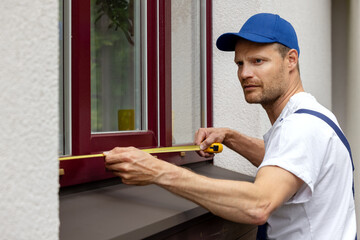 worker taking measurements of window frame with measuring tape