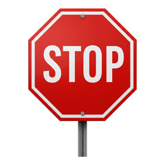 Red octagonal stop sign with white border and lettering isolated on transparent background