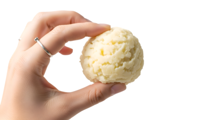 Hand holds Mashed Potatoes Ball against Transparent Background in Studio Lighting Style